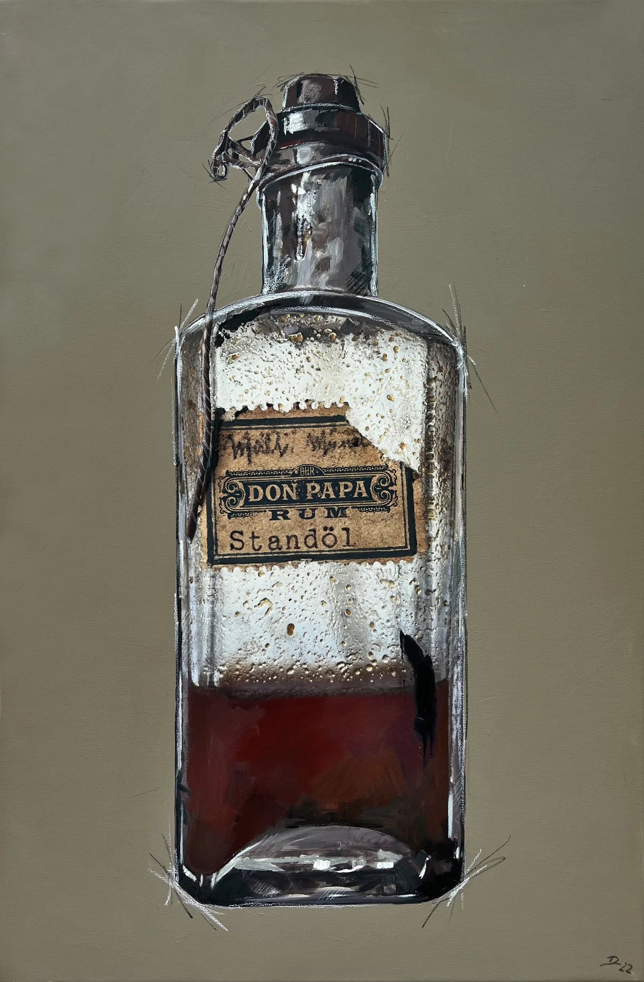 Eine alte Künstlerflasche ist mit dem Etikett von Don Papa Rum neu etikettiert und gemalt, Hintergrund ist grau Wandbild für Wohnzimmer Poster Geschenk für Mann
