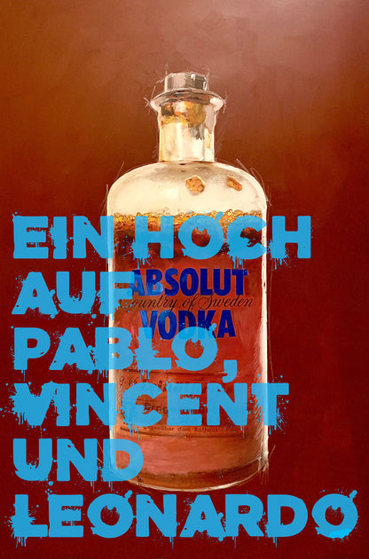 Exklusiver Kunstdruck "Absolut Vodka" mit humorvollem Spruch, Teil einer faszinierenden Serie, die historische Künstlerflaschen und moderne Alkoholmarken kombiniert. Hochwertig auf weißem Papier gedruckt und gerahmt (40 × 50 cm), ideal für Kunstliebhaber und Humorenthusiasten.