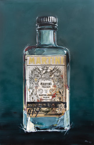 Eine alte Künstlerflasche ist gemalt mit dem Etikett eines alten Martini Greens als Wandbild für Wohnzimmer Poster und Geschenk für mann