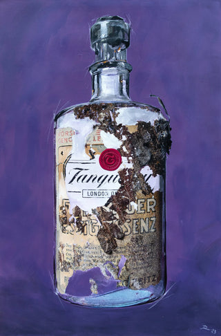 Gemälde einer Flasche mit Etikett Tanqueray vor lila Hintergrund, Teil der Serie Alkoholika Artefakte von Dominik Lommer Poster_und_Bilder_fuer_Wohnzimmer_Wandbilder