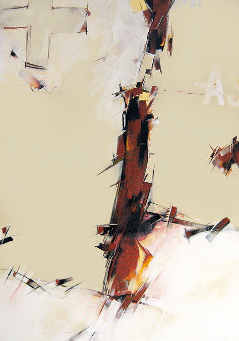 Das Gemälde 'Aufbruch' von Dominik Lommer zeigt Wendepunkte im Leben, helle Farben und eine Lebenswurzel. Es inspiriert Mutige zum Neuen und ermutigt Zögernde zum Loslassen. Ideal für Unternehmen und persönliches Wachstum.