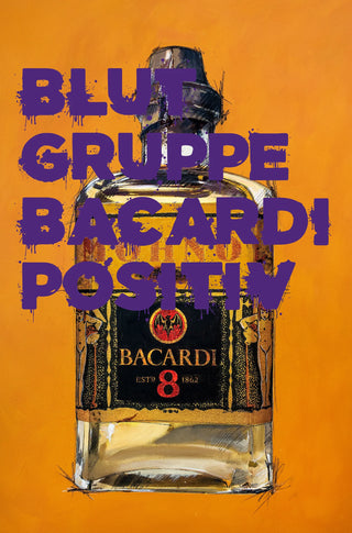 Exklusiver Kunstdruck “Bacardi" mit humorvollem Spruch, Teil einer faszinierenden Serie, die historische Künstlerflaschen und moderne Alkoholmarken kombiniert. Hochwertig auf weißem Papier gedruckt und gerahmt (40 × 50 cm), ideal für Kunstliebhaber und Humorenthusiasten als Geschenk für Männer
