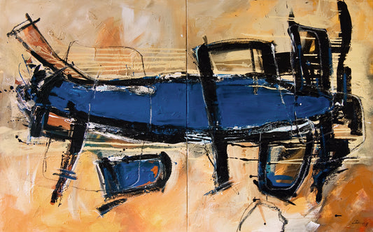 Abstraktes Gemälde "Blaue Lagune" von Dominik Lommer zeigt eine Lagune mit urbanen Elementen aus der Vogelperspektive. Expressive Farben und filigrane Details machen es zu einem einzigartigen Kunstwerk. Ideal für Bauherren, Architekten, Grundstücksbesitzer und Reisebüros.