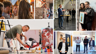 Kunstausstellung: Künstler Dominik Lommer bei der Arbeit und Gästen bei einer Vernissage.