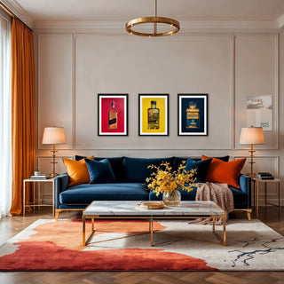 Modernes Wohnzimmer mit blauem Sofa, roten Kissen, drei gerahmten Bildern von Alkoholika Artefakt Kunstdrucken von Dominik Lommer an der Wand und Couchtisch aus Marmor. Wandbilder und Poster für Wohnzim