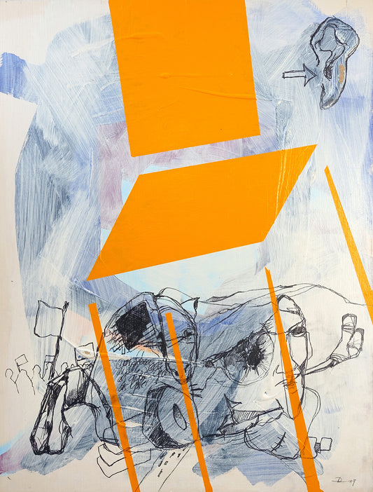  "Die Revolution beginnt" - ein fesselndes Kunstwerk auf Holzgrund. Ein abstrakter orangefarbener Stuhl im Mittelpunkt, darüber eine Bleistiftcollage mit rebellierenden Menschen und symbolischen Elementen wie einem finsteren Gesicht und einer Treppe ins Ungewisse. Ein kraftvolles Statement über die Stärke des Volkes und den Beginn einer Revolution.
