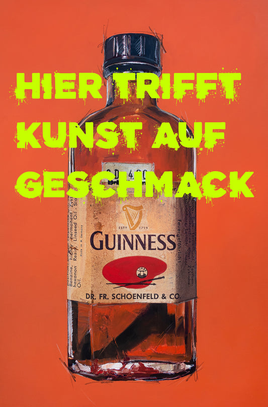 Exklusiver Kunstdruck "Guiness" mit humorvollem Spruch, Teil einer faszinierenden Serie, die historische Künstlerflaschen und moderne Alkoholmarken kombiniert. Hochwertig auf weißem Papier gedruckt und gerahmt (40 × 50 cm), ideal für Kunstliebhaber und Humorenthusiasten.