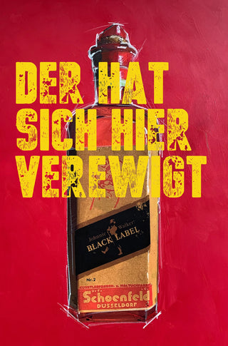 Exklusiver Kunstdruck "Johnny Walker" mit humorvollem Spruch, Teil einer faszinierenden Serie, die historische Künstlerflaschen und moderne Alkoholmarken kombiniert. Hochwertig auf weißem Papier gedruckt und gerahmt (40 × 50 cm), ideal für Kunstliebhaber und Humorenthusiasten als Wandbild für Wohnzimmer