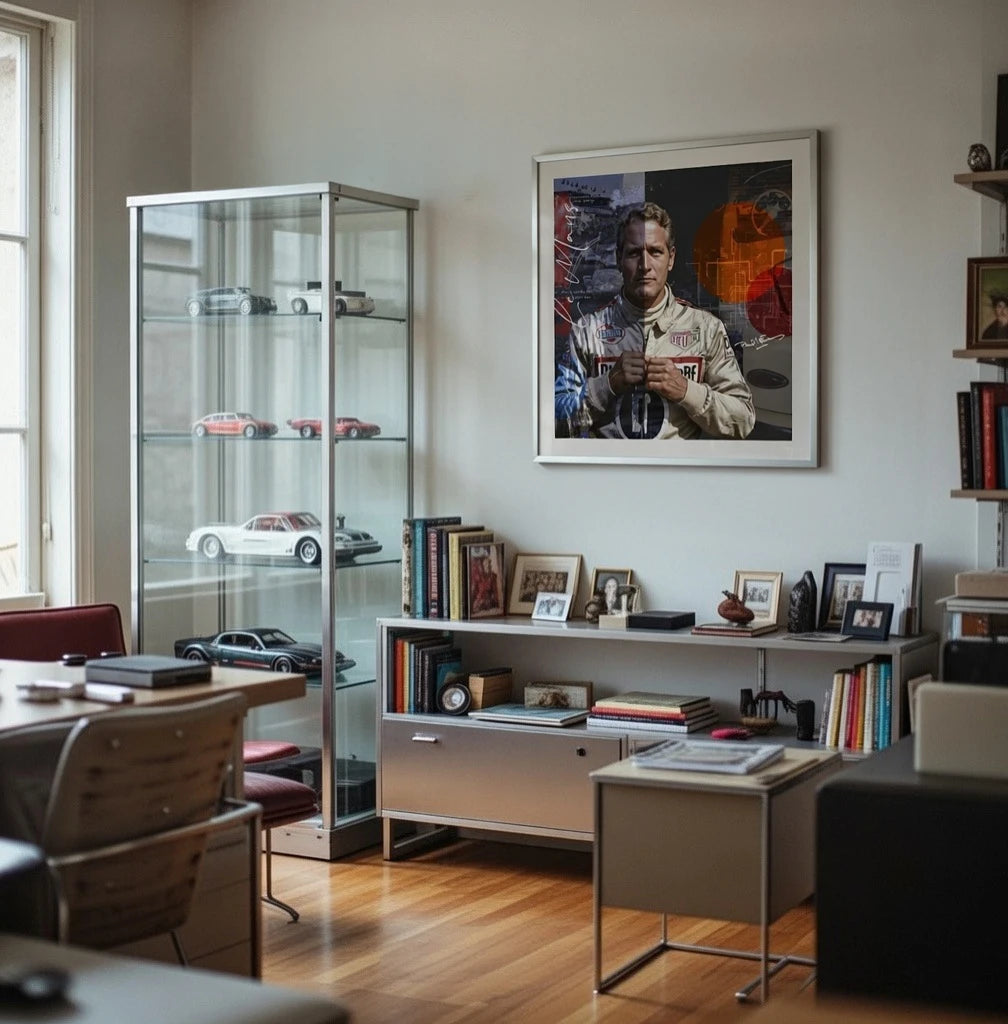 Racing Legends Fine Art Print Paul Newman im Arbeitszimmer eines Sammlers neben einer Modellauto-Vitrine