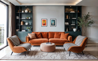 Moderne Poster in orange neon und grün für grün-oranges Wohnzimmer