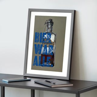 Exklusiver Kunstdruck "Don Papa" mit humorvollem Spruch, Teil einer faszinierenden Serie, die historische Künstlerflaschen und moderne Alkoholmarken kombiniert. Hochwertig auf weißem Papier gedruckt und gerahmt (40 × 50 cm), ideal für Kunstliebhaber und Humorenthusiasten als Wandbild für Wohnzimmer