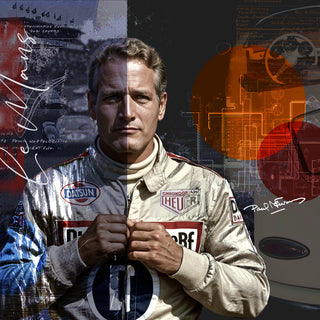 Portrait von Paul Newman in seinem Rennanzug, im Hintergrund sieht man die Rennwagen, Schaltpläne für einen alten Porsche und Typografische Elemente