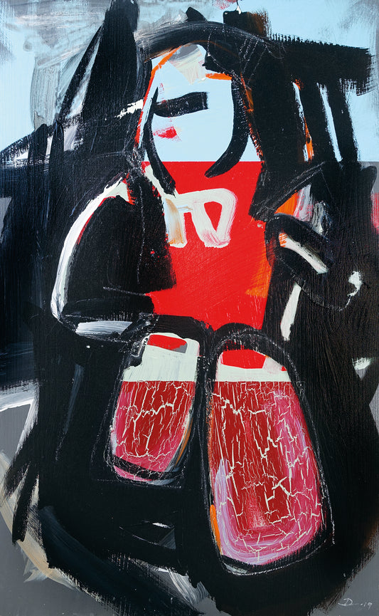 Ein lebhaftes Gemälde auf Holz mit dem Titel "Manga Girl" von Dominik Lommer, das die faszinierende Welt der Manga-Kunst einfängt, präsentiert ein Comic-Mädchen in den Farben Schwarz, Rot und Hellblau.