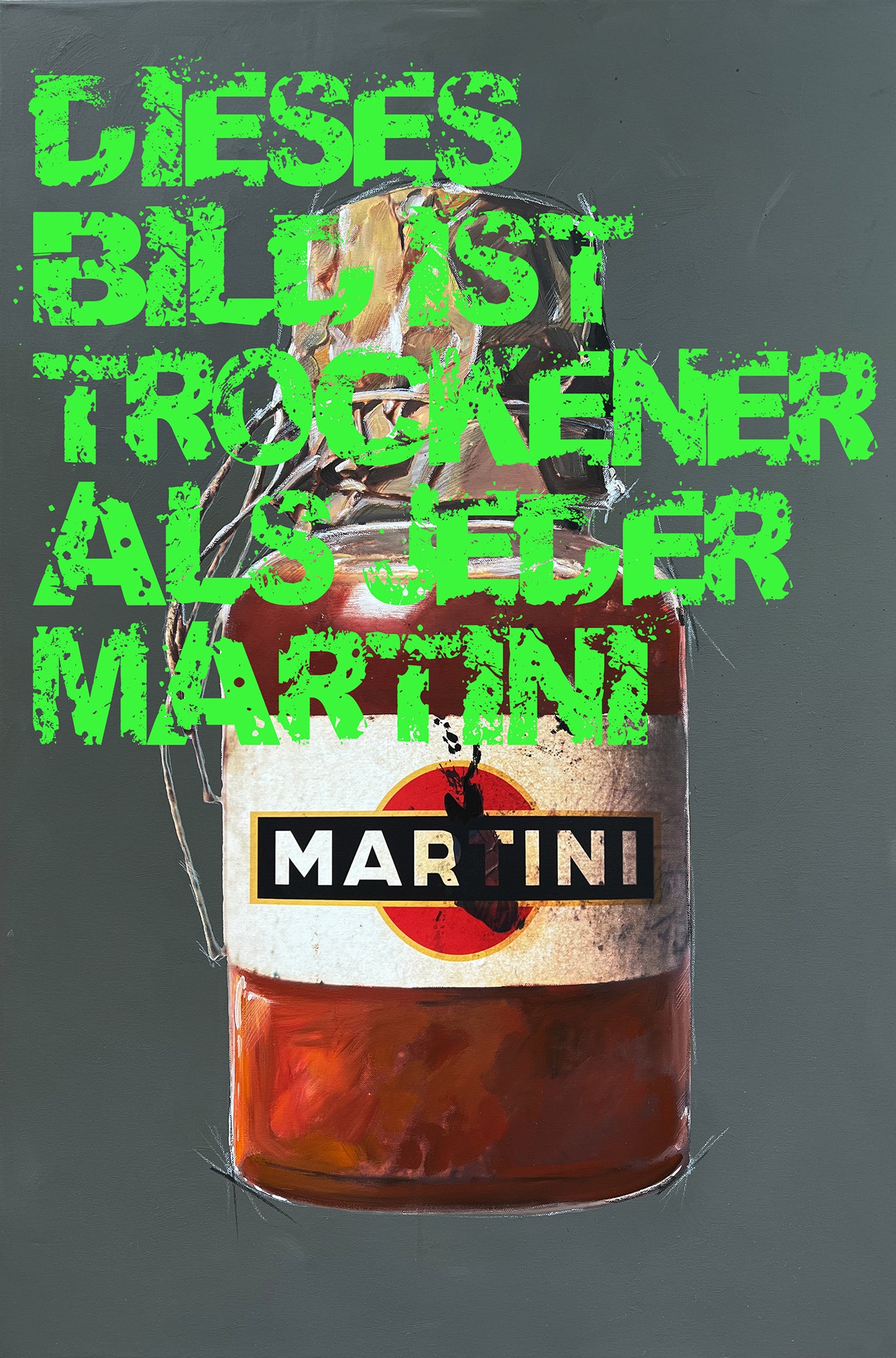 Exklusiver Kunstdruck “Martini" mit humorvollem Spruch, Teil einer faszinierenden Serie, die historische Künstlerflaschen und moderne Alkoholmarken kombiniert. Hochwertig auf weißem Papier gedruckt und gerahmt (40 × 50 cm), ideal für Kunstliebhaber und Humorenthusiasten.