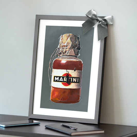 Gerahmtes Wandbild einer Martini-Flasche auf grauem Hintergrund mit silberner Schleife – ideales Geschenk für Männer und dekoratives Kunstwerk für Martini-Liebhaber.