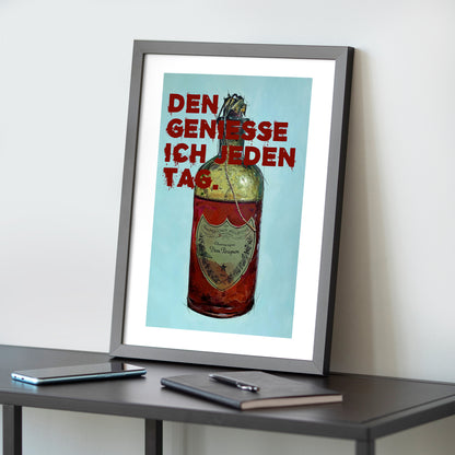 Exklusiver Kunstdruck "Dom Perignon" mit humorvollem Spruch, Teil einer faszinierenden Serie, die historische Künstlerflaschen und moderne Alkoholmarken kombiniert. Hochwertig auf weißem Papier gedruckt und gerahmt (40 × 50 cm), ideal für Kunstliebhaber und Humorenthusiasten.