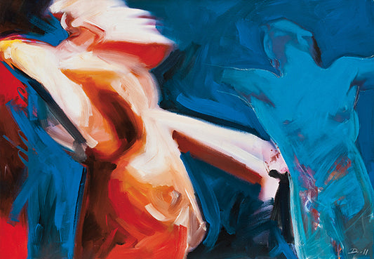 "Tanz I" ist eine kraftvolle Komposition in starkem Blau, Orange, Gelb und Rot, die die Energie zweier Tänzerinnen einfängt. Ideal für Theater- und Tanzschulen sowie für individuelle Kunstliebhaber.