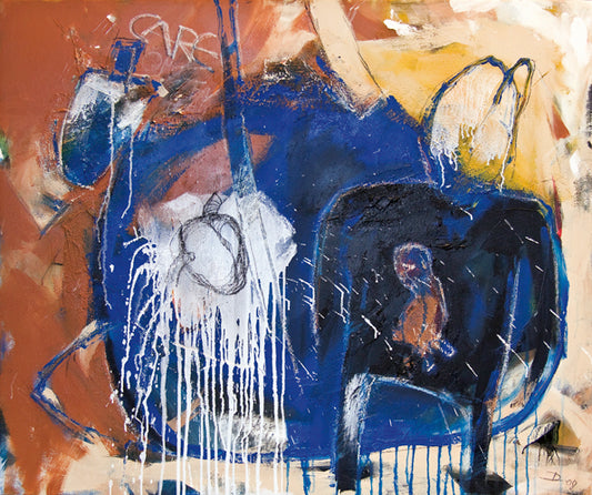 Das Kunstwerk von Dominik Lommer zeigt eine schwarze Erwachsene mit einem nach außen zeigenden Kinderherz, das innere Verletzlichkeit und Bedürfnis nach Schutz verdeutlicht. Umgeben von einem blauen Feld als familiären Kokon, während weiße Spritzer die Herausforderungen für ein ungeschütztes Kinderherz symbolisieren.
