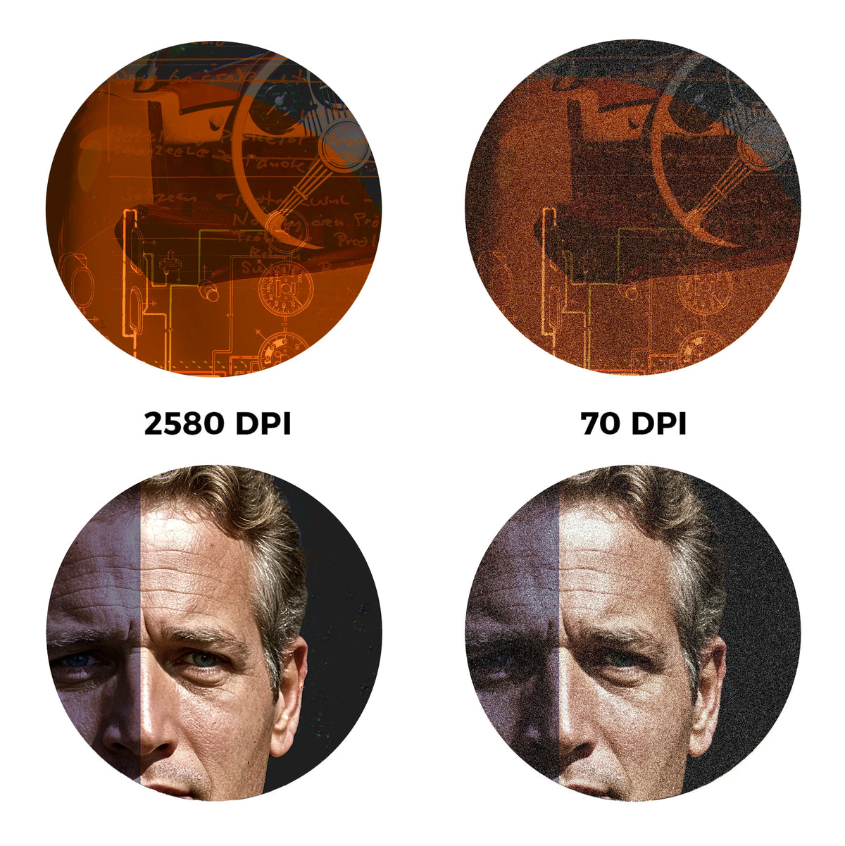 Vergleich der Druckauflösung: 2580 DPI Fine Art Print gegenüber 70 DPI Offsetdruck
